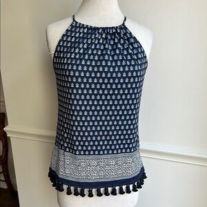 Jude Connally Daphne Floral Foulard Navy White Halter Top with Tassels Small EUC